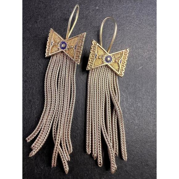 Vintage Turkish sterling silver foxtail fringe enamel bow earrings - Picture 6 of 9